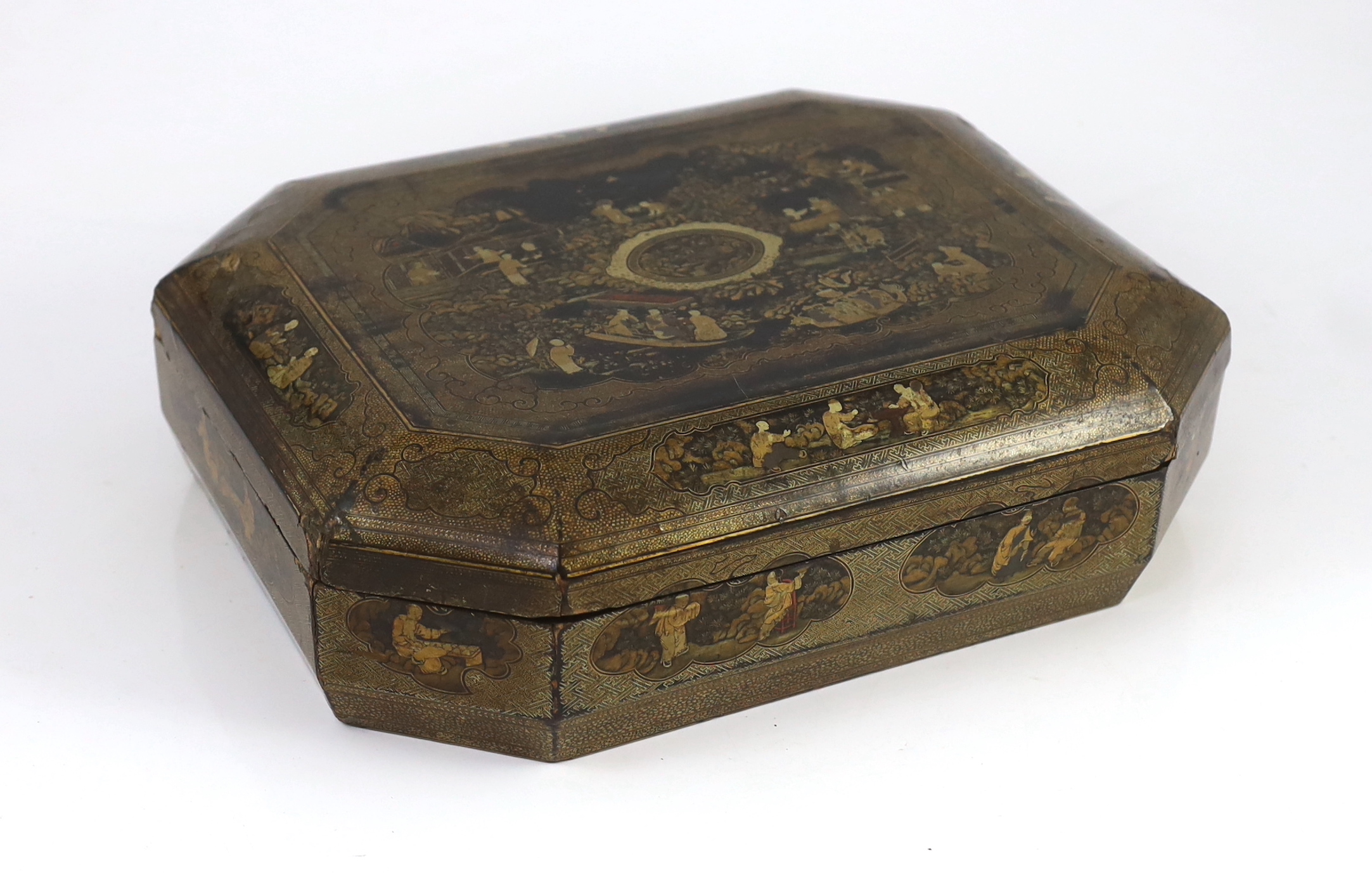 A Chinese gilt decorated black lacquer games box, mid 19th century, slight faults